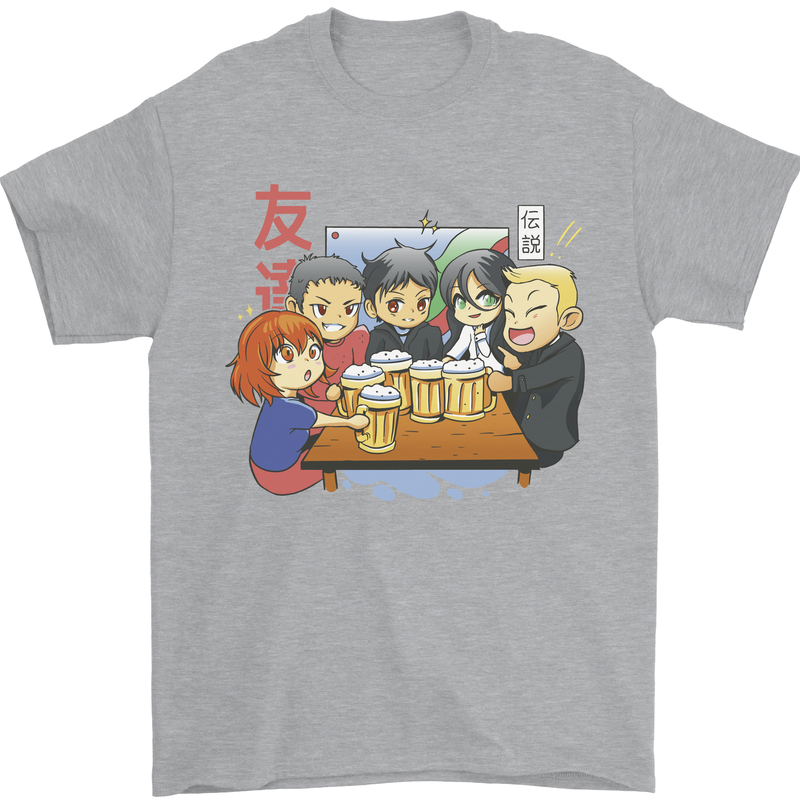 Chibi Anime Friends Drinking Beer Mens T-Shirt Cotton Gildan Sports Grey