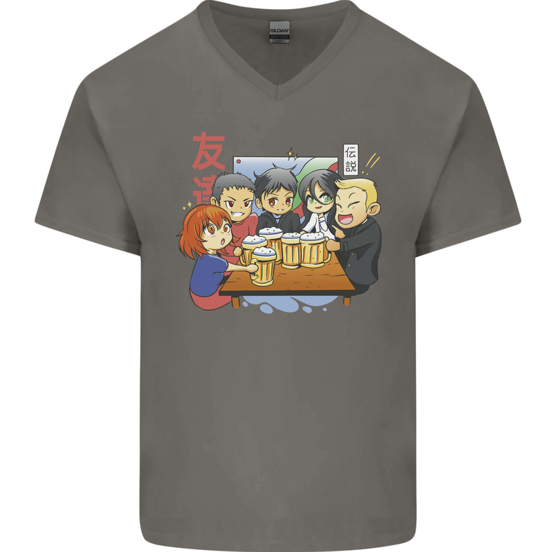 Chibi Anime Friends Drinking Beer Mens V-Neck Cotton T-Shirt Charcoal