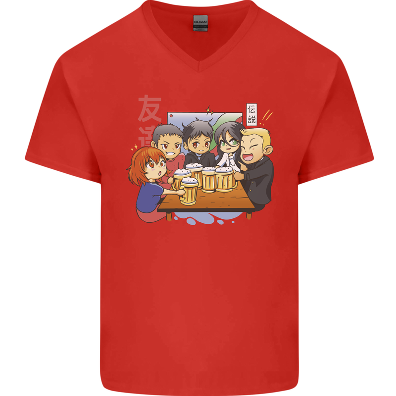 Chibi Anime Friends Drinking Beer Mens V-Neck Cotton T-Shirt Red