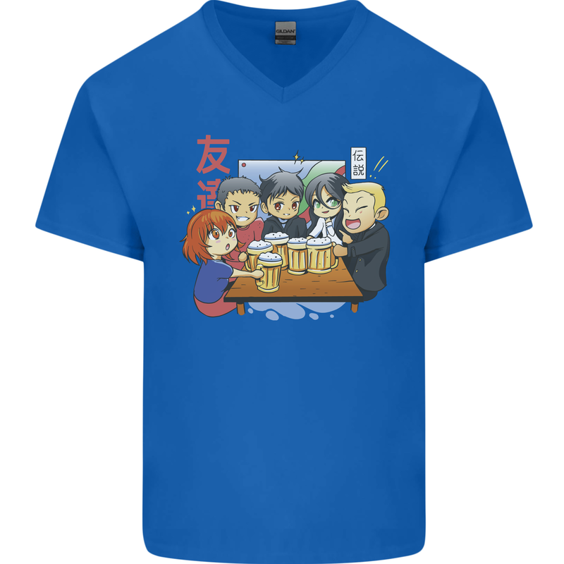 Chibi Anime Friends Drinking Beer Mens V-Neck Cotton T-Shirt Royal Blue