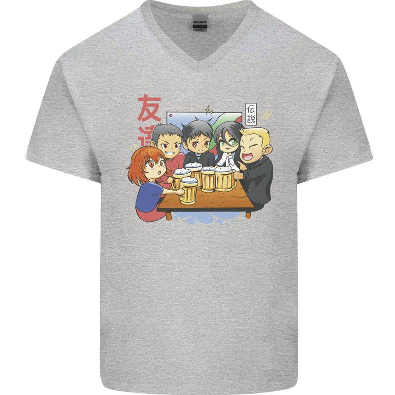 Chibi Anime Friends Drinking Beer Mens V-Neck Cotton T-Shirt Sports Grey