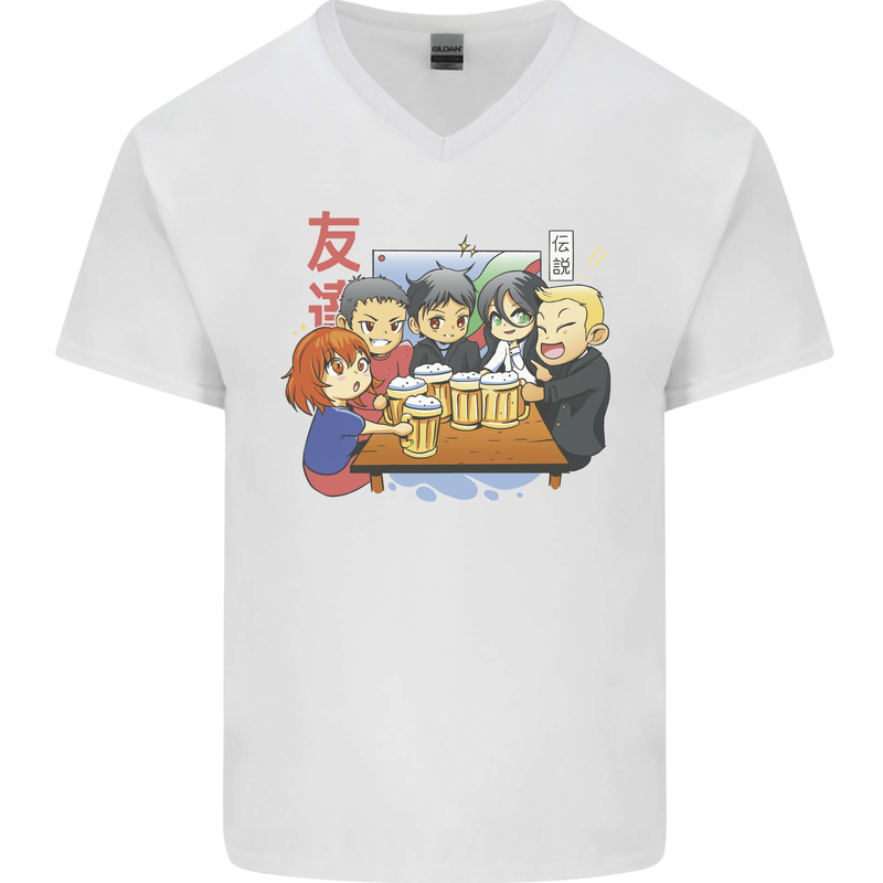 Chibi Anime Friends Drinking Beer Mens V-Neck Cotton T-Shirt White