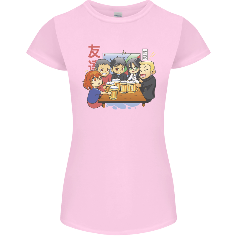 Chibi Anime Friends Drinking Beer Womens Petite Cut T-Shirt Light Pink