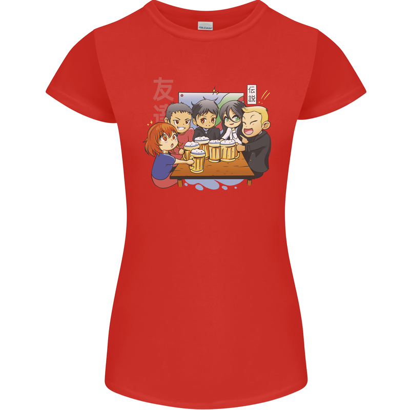 Chibi Anime Friends Drinking Beer Womens Petite Cut T-Shirt Red