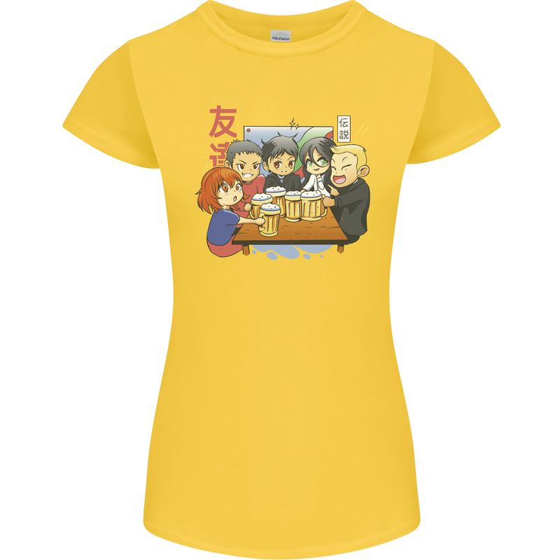 Chibi Anime Friends Drinking Beer Womens Petite Cut T-Shirt Yellow