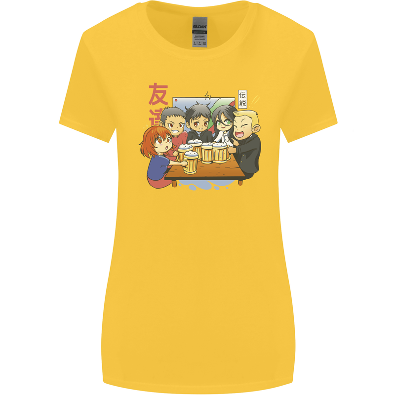 Chibi Anime Friends Drinking Beer Womens Wider Cut T-Shirt Yellow
