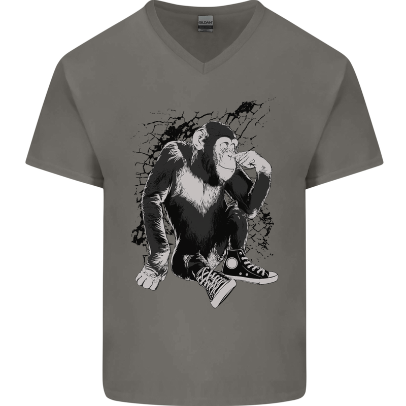 Chilled Out Chimp Chimpanzee Monkey Mens V-Neck Cotton T-Shirt Charcoal