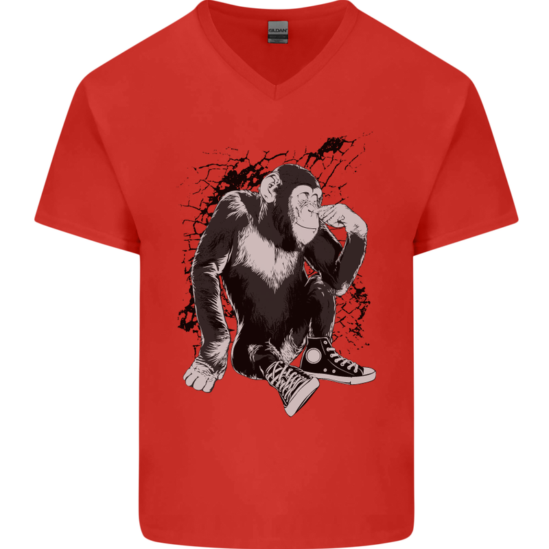 Chilled Out Chimp Chimpanzee Monkey Mens V-Neck Cotton T-Shirt Red