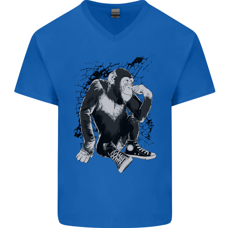 Chilled Out Chimp Chimpanzee Monkey Mens V-Neck Cotton T-Shirt Royal Blue