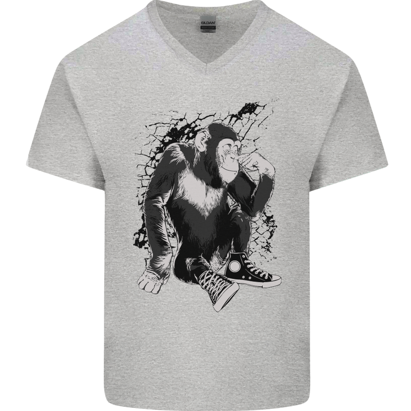 Chilled Out Chimp Chimpanzee Monkey Mens V-Neck Cotton T-Shirt Sports Grey