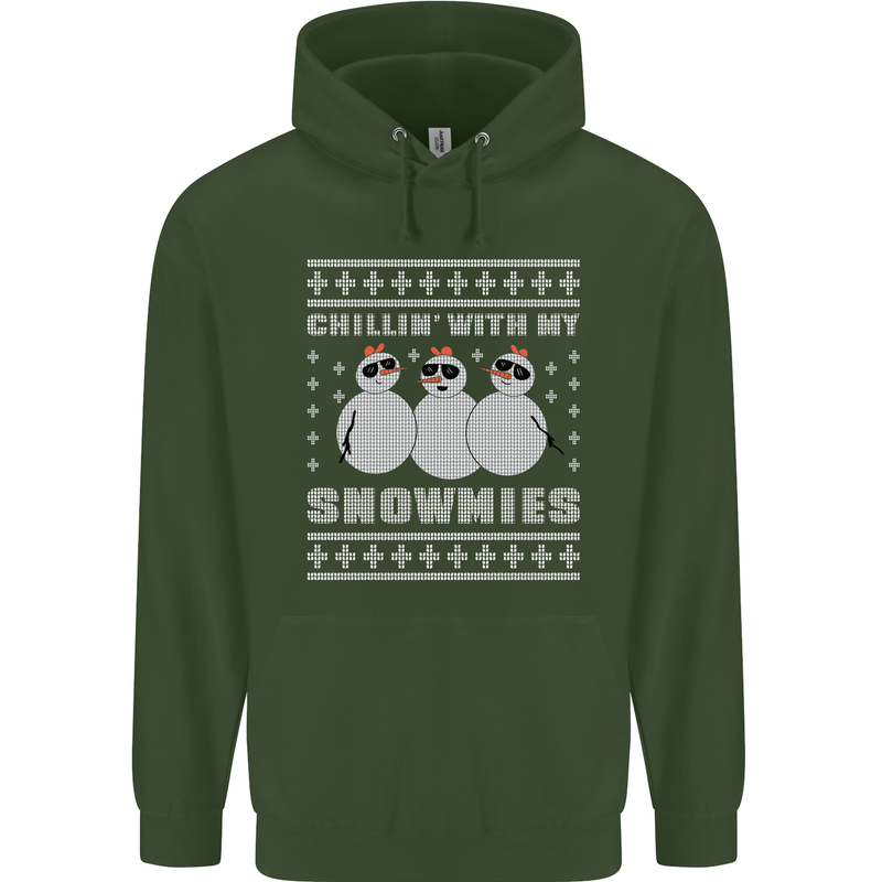 Chillin With My Snowmies Funny Christmas Childrens Kids Hoodie Forest Green