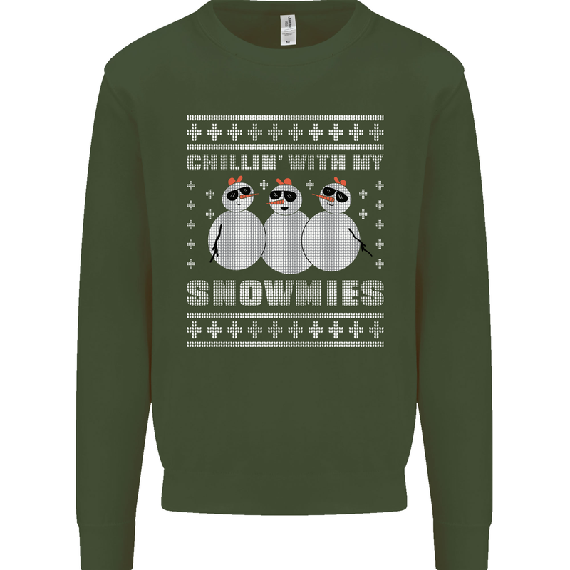 Chillin With My Snowmies Funny Christmas Mens Sweatshirt Jumper Forest Green