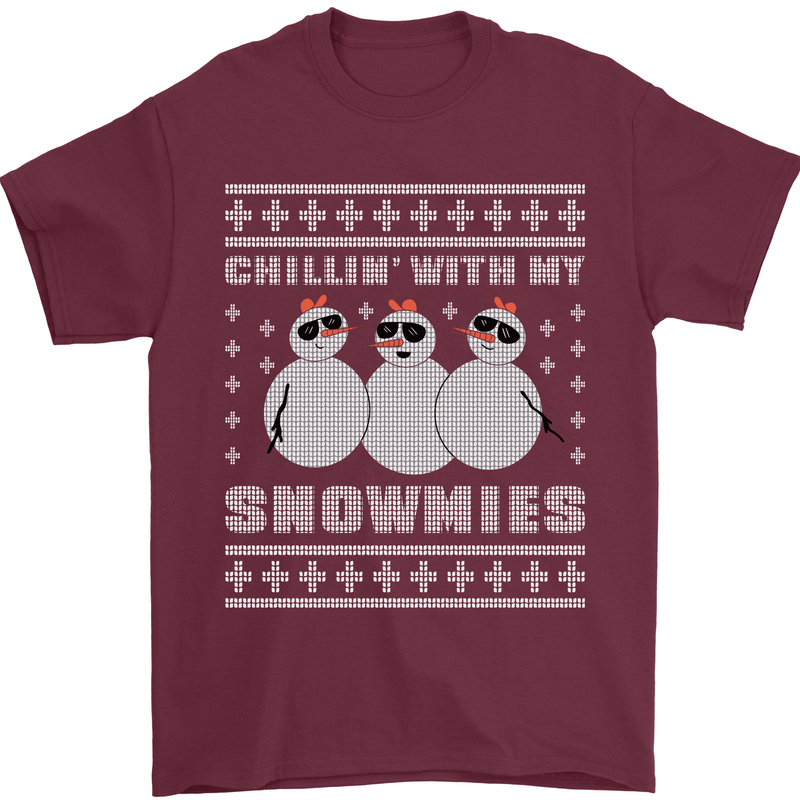 Chillin With My Snowmies Funny Christmas Mens T-Shirt Cotton Gildan Maroon