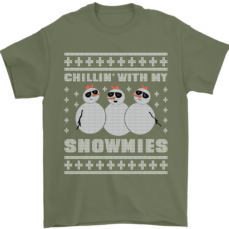 Chillin With My Snowmies Funny Christmas Mens T-Shirt Cotton Gildan Military Green