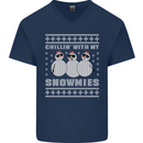Chillin With My Snowmies Funny Christmas Mens V-Neck Cotton T-Shirt Navy Blue