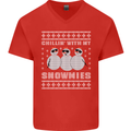 Chillin With My Snowmies Funny Christmas Mens V-Neck Cotton T-Shirt Red