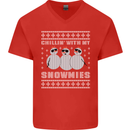 Chillin With My Snowmies Funny Christmas Mens V-Neck Cotton T-Shirt Red
