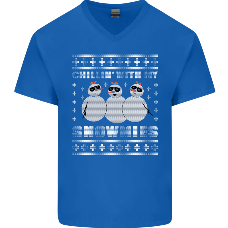 Chillin With My Snowmies Funny Christmas Mens V-Neck Cotton T-Shirt Royal Blue