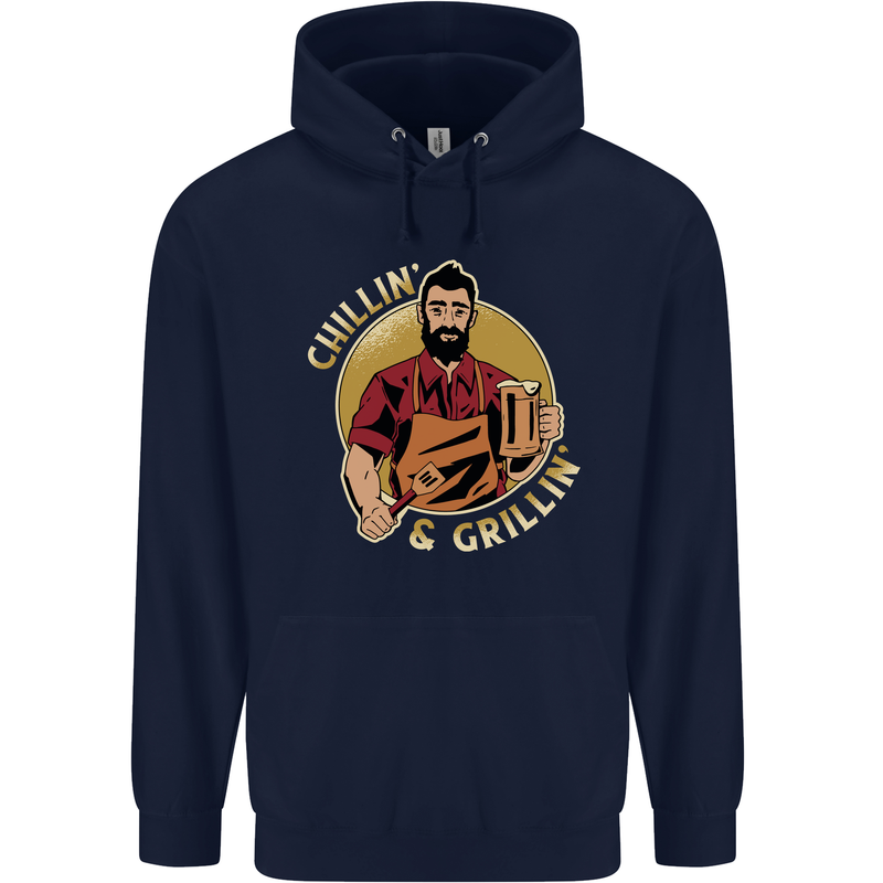 Chillin & Grillin Funny BBQ Beer Camping Childrens Kids Hoodie Navy Blue