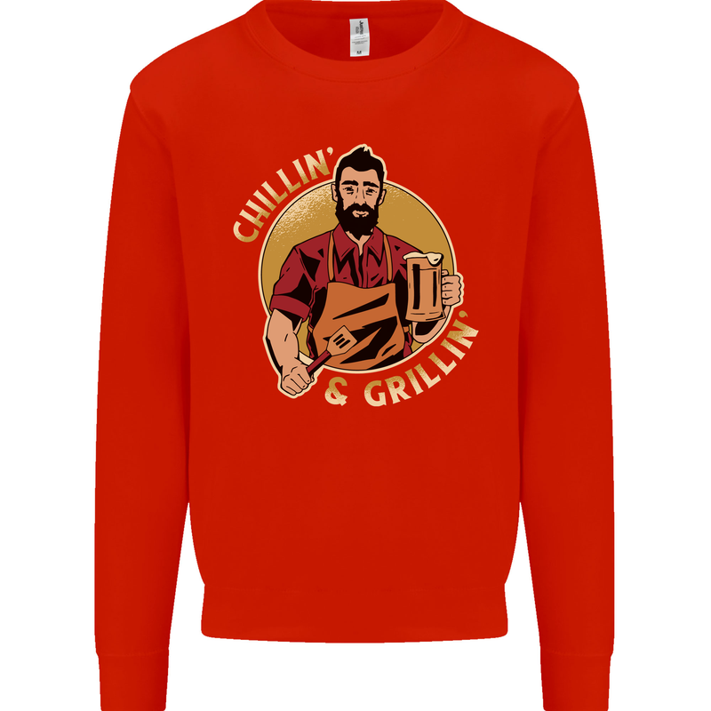 Chillin & Grillin Funny BBQ Beer Camping Mens Sweatshirt Jumper Bright Red