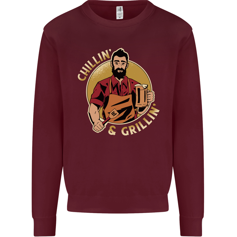 Chillin & Grillin Funny BBQ Beer Camping Mens Sweatshirt Jumper Maroon