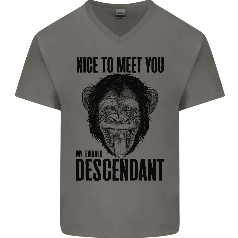 Chimp Evolved Dessendant Funny Monkey Ape Mens V-Neck Cotton T-Shirt Charcoal