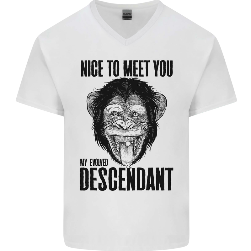Chimp Evolved Dessendant Funny Monkey Ape Mens V-Neck Cotton T-Shirt White
