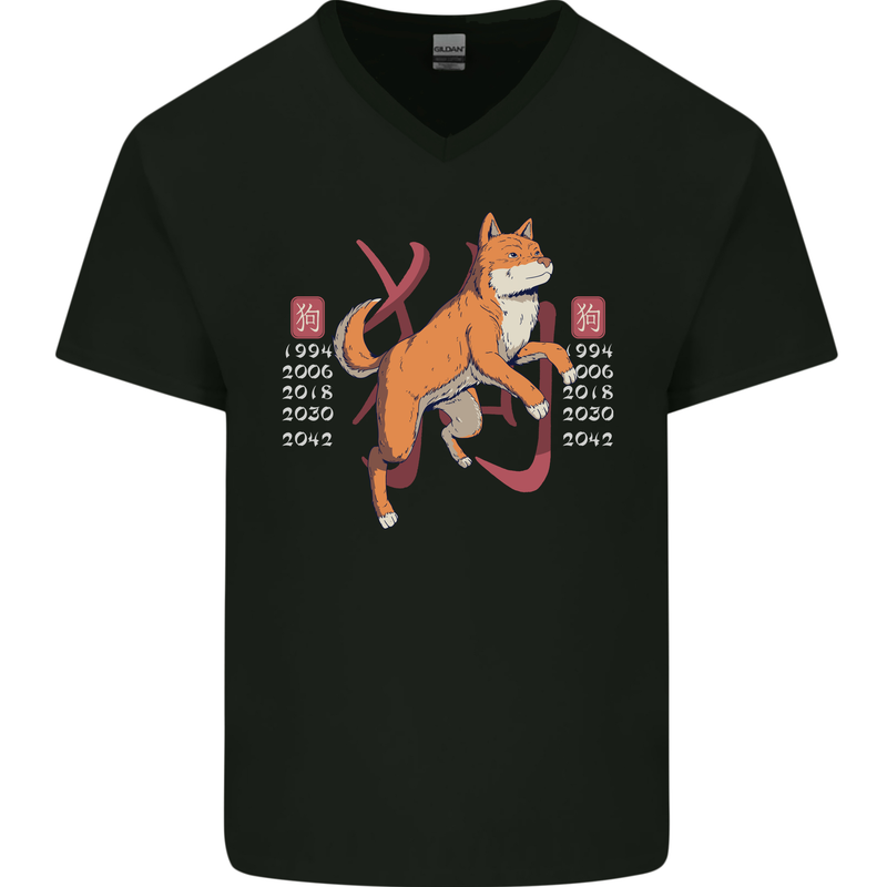 Chinese Zodiac Shengxiao Year of the Dog Mens V-Neck Cotton T-Shirt Black