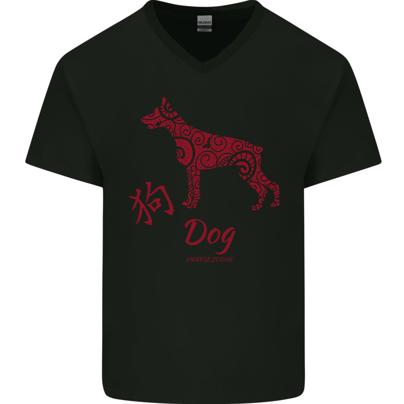 Chinese Zodiac Shengxiao Year of the Dog Mens V-Neck Cotton T-Shirt Black