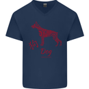 Chinese Zodiac Shengxiao Year of the Dog Mens V-Neck Cotton T-Shirt Navy Blue