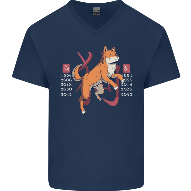 Chinese Zodiac Shengxiao Year of the Dog Mens V-Neck Cotton T-Shirt Navy Blue