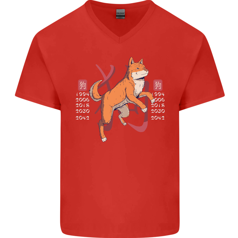Chinese Zodiac Shengxiao Year of the Dog Mens V-Neck Cotton T-Shirt Red