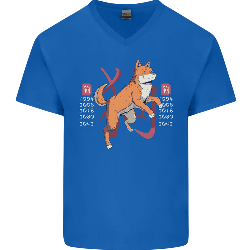 Chinese Zodiac Shengxiao Year of the Dog Mens V-Neck Cotton T-Shirt Royal Blue