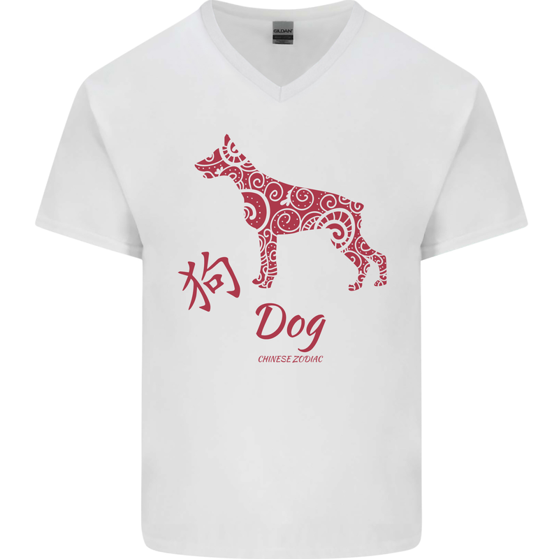 Chinese Zodiac Shengxiao Year of the Dog Mens V-Neck Cotton T-Shirt White