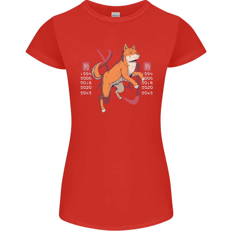Chinese Zodiac Shengxiao Year of the Dog Womens Petite Cut T-Shirt Red