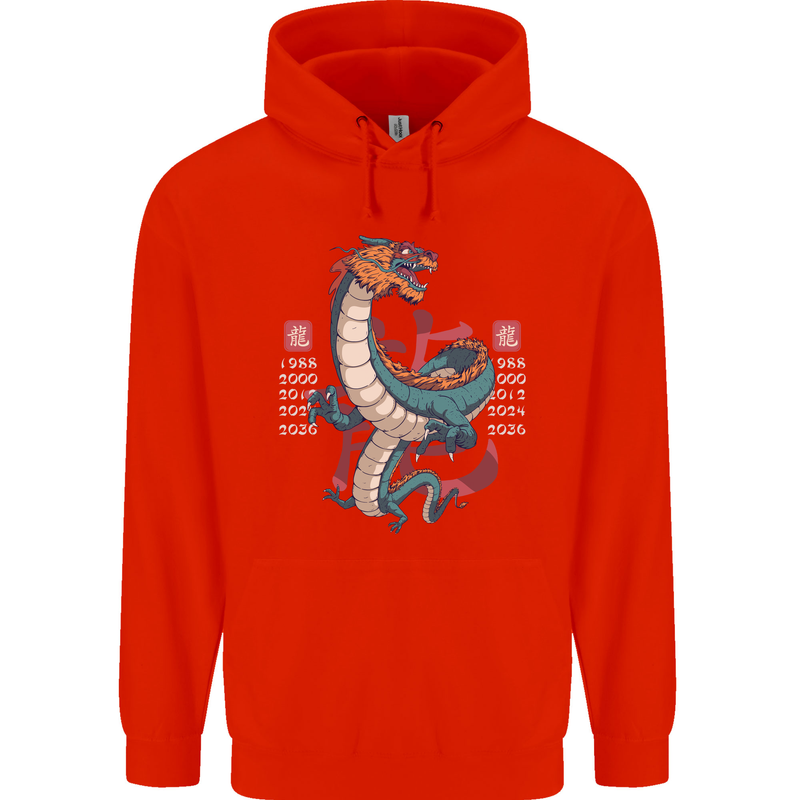 Chinese Zodiac Shengxiao Year of the Dragon Mens 80% Cotton Hoodie Bright Red