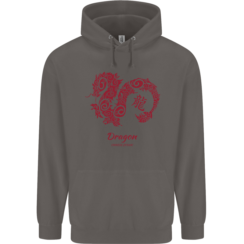Chinese Zodiac Shengxiao Year of the Dragon Mens 80% Cotton Hoodie Charcoal