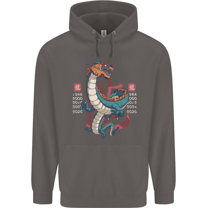 Chinese Zodiac Shengxiao Year of the Dragon Mens 80% Cotton Hoodie Charcoal