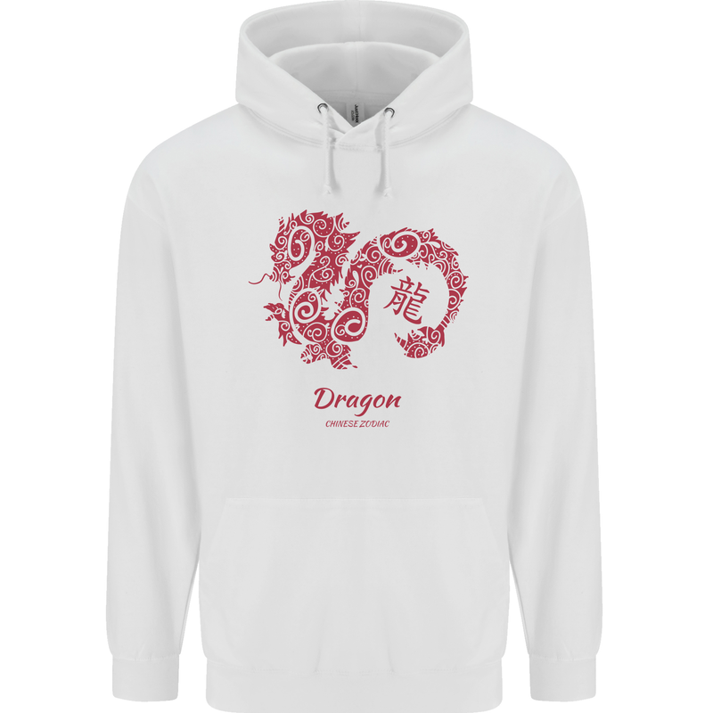 Chinese Zodiac Shengxiao Year of the Dragon Mens 80% Cotton Hoodie White