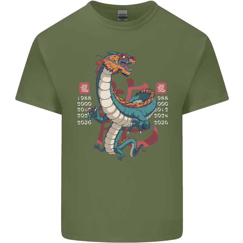 Chinese Zodiac Shengxiao Year of the Dragon Mens Cotton T-Shirt Tee Top Military Green