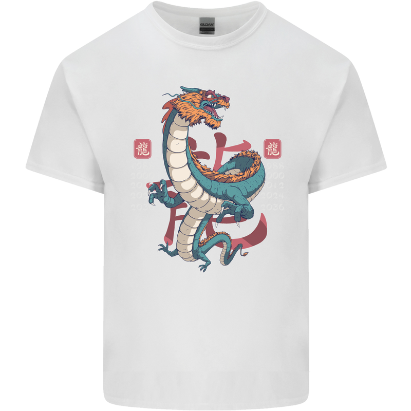 Chinese Zodiac Shengxiao Year of the Dragon Mens Cotton T-Shirt Tee Top White