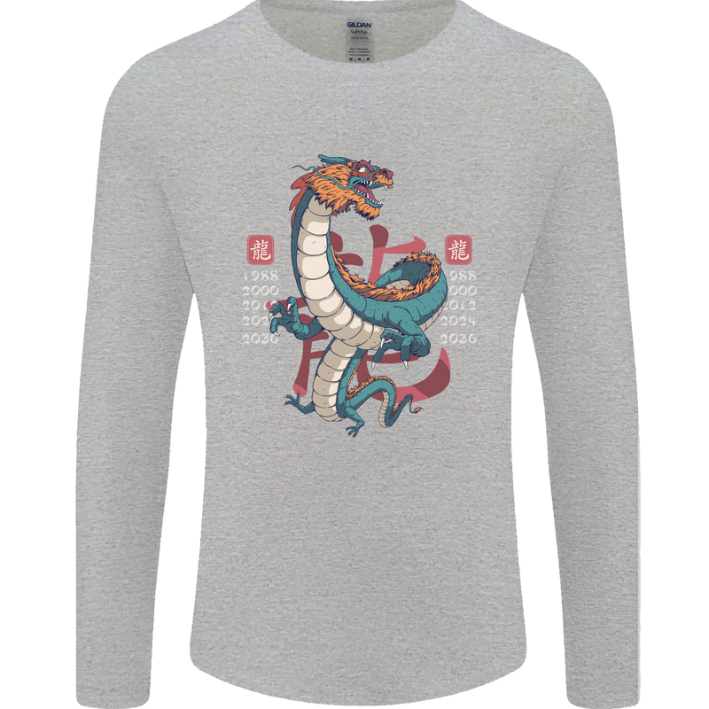 Chinese Zodiac Shengxiao Year of the Dragon Mens Long Sleeve T-Shirt Sports Grey