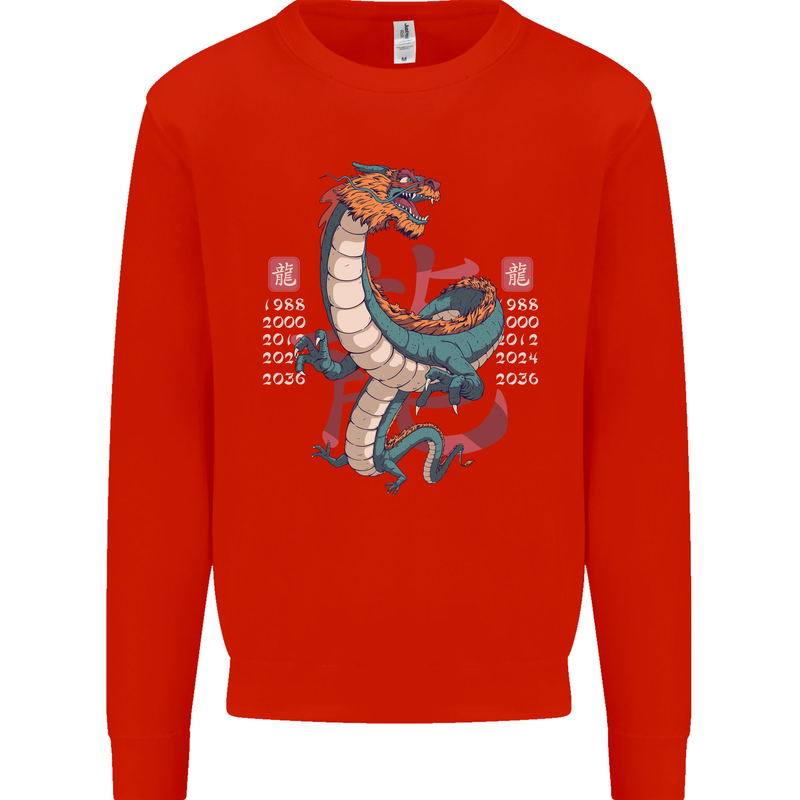 Chinese Zodiac Shengxiao Year of the Dragon Mens Sweatshirt Jumper Bright Red