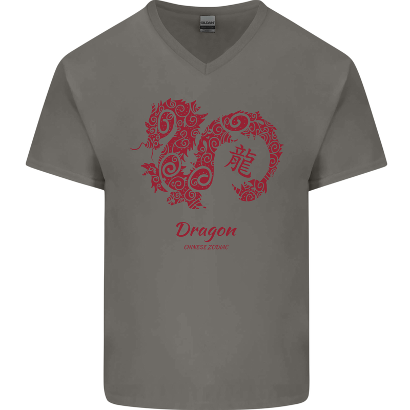 Chinese Zodiac Shengxiao Year of the Dragon Mens V-Neck Cotton T-Shirt Charcoal