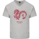 Chinese Zodiac Shengxiao Year of the Dragon Mens V-Neck Cotton T-Shirt Sports Grey