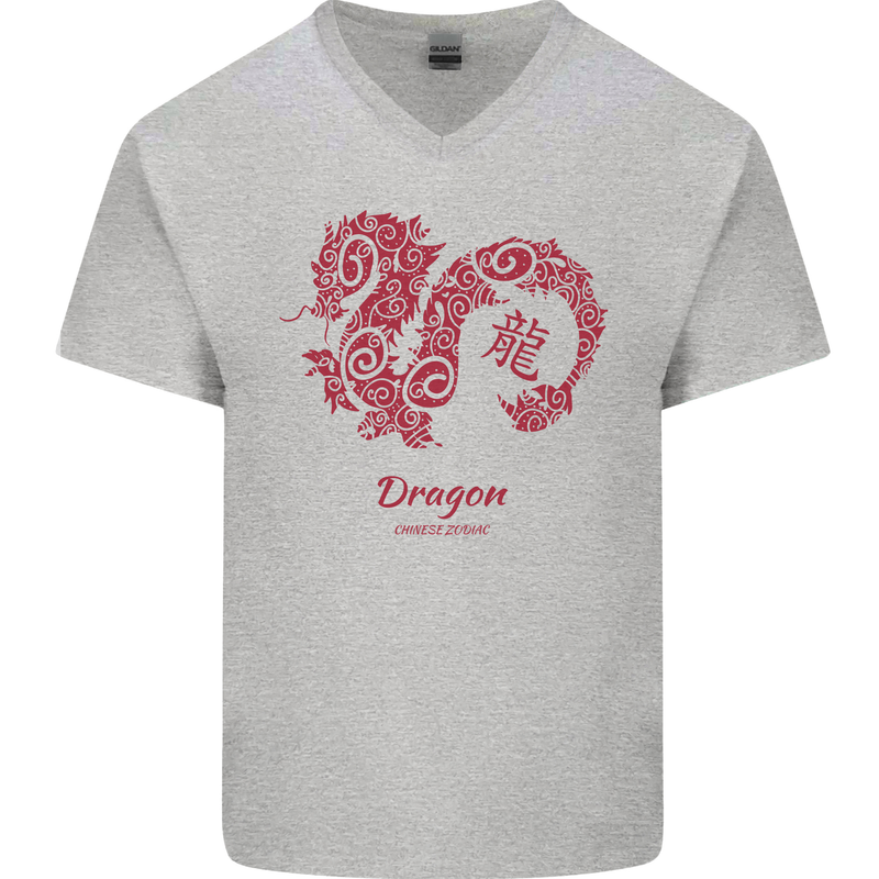 Chinese Zodiac Shengxiao Year of the Dragon Mens V-Neck Cotton T-Shirt Sports Grey