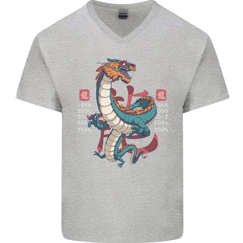 Chinese Zodiac Shengxiao Year of the Dragon Mens V-Neck Cotton T-Shirt Sports Grey