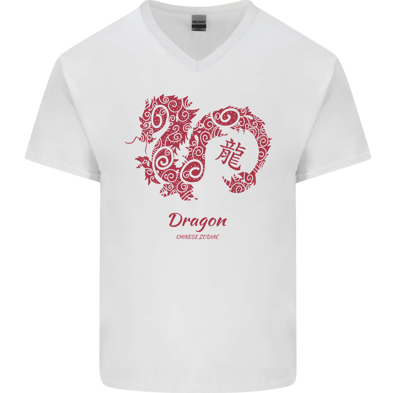 Chinese Zodiac Shengxiao Year of the Dragon Mens V-Neck Cotton T-Shirt White