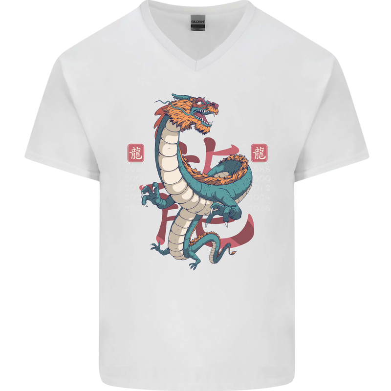 Chinese Zodiac Shengxiao Year of the Dragon Mens V-Neck Cotton T-Shirt White