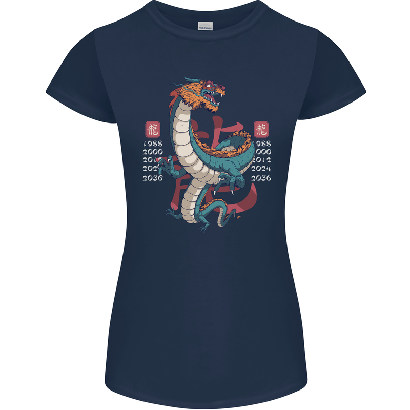 Chinese Zodiac Shengxiao Year of the Dragon Womens Petite Cut T-Shirt Navy Blue